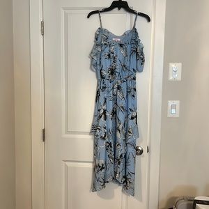 Parker blue floral cold shoulder asymmetrical hem midi dress size xs